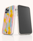 Two smartphones in white Bubble Gum Eco-Friendly Phone Cases: one shows the screen, and the other features a pastel pink, yellow, and blue feather design. Both are set against a light background for a fresh look.