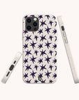 Three Wonky Stars Biodegradable Phone Cases are displayed against a white background, each featuring a dark blue star pattern. The front, side, and bottom views highlight the stylish design, precise cutouts for ports and buttons, and underscore the eco-friendly appeal of this sustainable phone case.