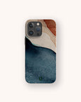 Showcasing the Watercolour Landscape Eco-Friendly Phone Case with an abstract design in dark blue, beige, and brown tones, inspired by watercolor textures. This compostable case is displayed on a plain light background.