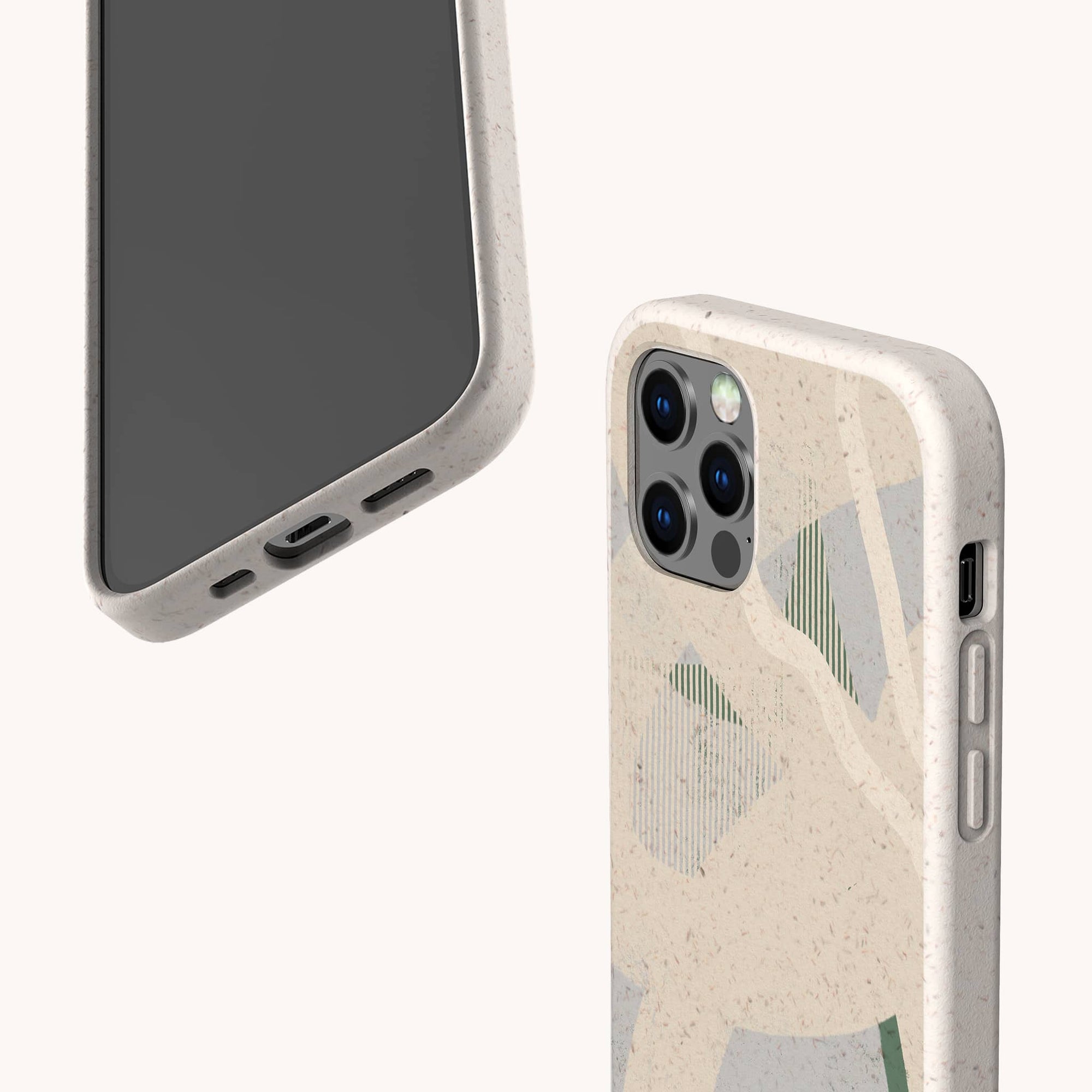 Two smartphones with Green Abstract Lines Eco-Friendly Phone Cases in beige, featuring subtle green and cream abstract designs. One shows the front and charging port; the other reveals the back with three camera lenses and side buttons.