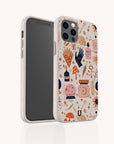 Two Love Spell Eco-Friendly Phone Cases in beige, showcasing a whimsical design with stars, hands, flowers, birds, and magical symbols in pink, navy, and orange—displayed on and off a smartphone against a white background—ideal for anyone committed to zero-waste living.
