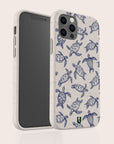 The Turtles Eco-Friendly Phone Case is made from sustainable materials in beige with blue sea turtle designs, small speckles, and a smooth finish covering your smartphone's back and sides.