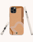 A smartphone displayed from the back, side, and edge angles features the Terracotta Abstract Strokes Eco-Friendly Biodegradable Phone Case in beige, decorated with abstract wavy lines and a small green U logo at the bottom.