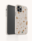 A smartphone displayed at an angle to reveal both its screen and the unique Summer Jam Eco-Friendly Phone Case, which features a beige base adorned with brown, beach-inspired doodles of palm trees, shells, flip-flops, and cocktails.