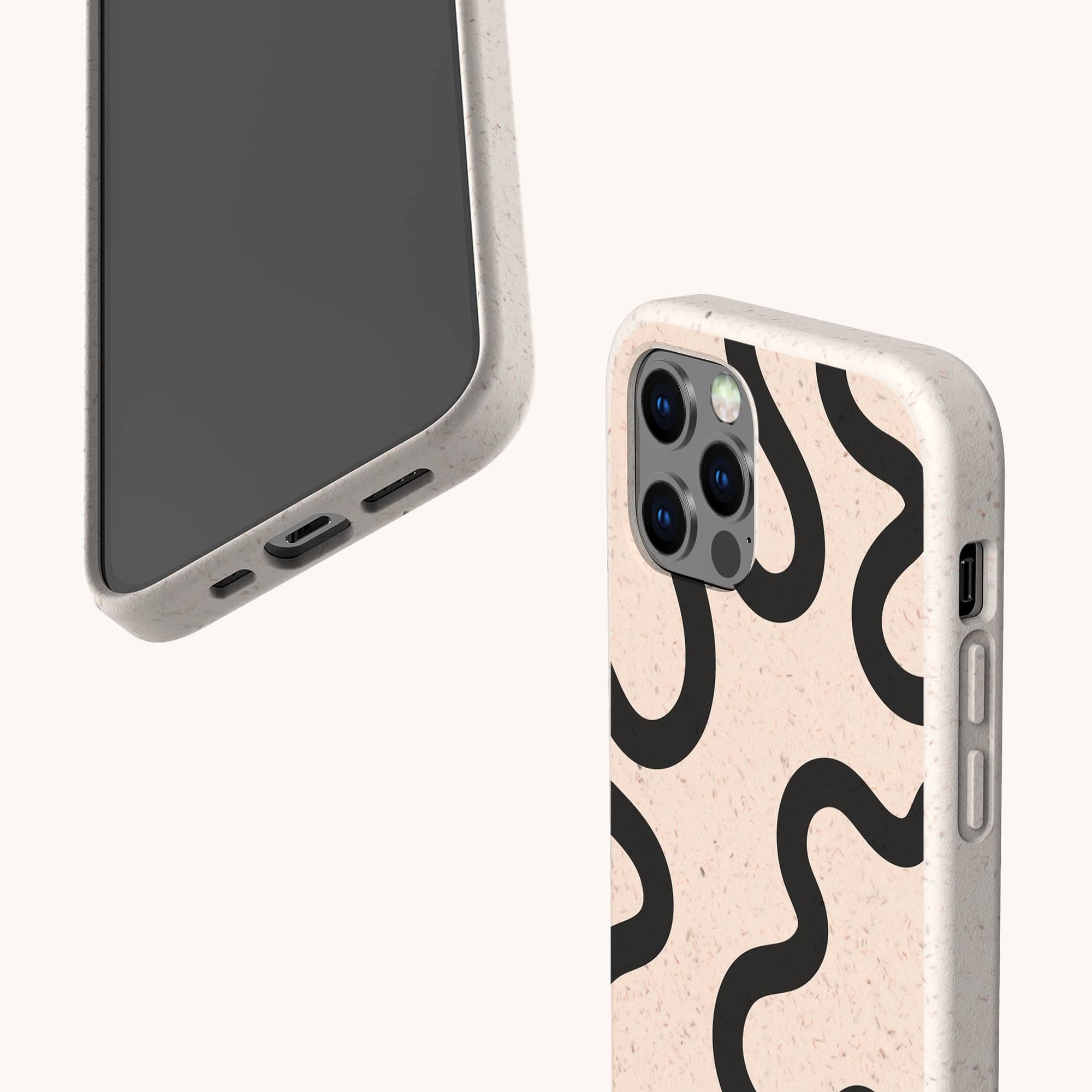 Two Black Swirl Lines Eco-Friendly Phone Cases made from compostable materials are shown on a light background—one displays the front and charging port, the other reveals the back with black swirl lines and three camera lenses.