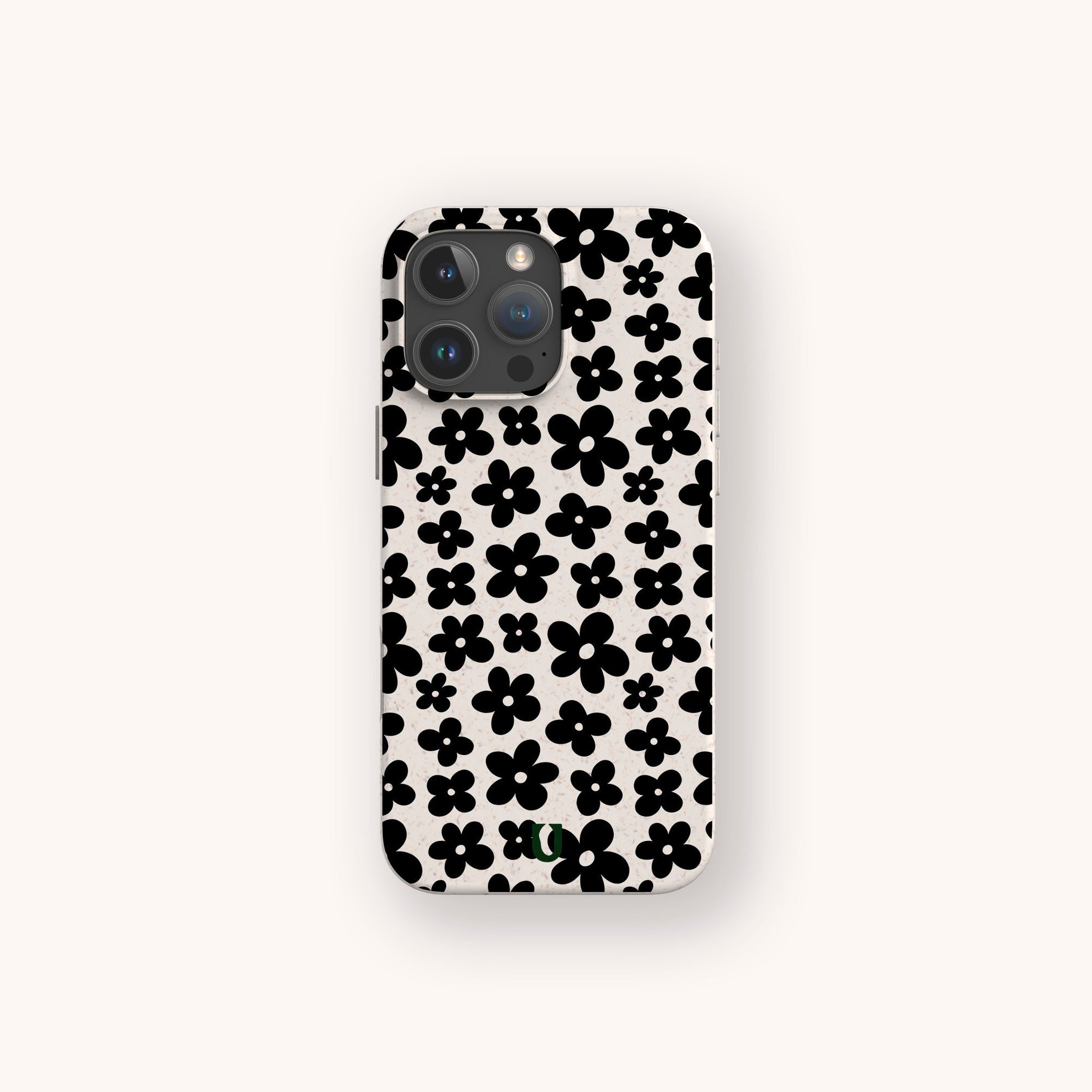 The Black Flower Power Eco-Friendly Phone Case features black, stylized retro floral patterns in various sizes on a white background.