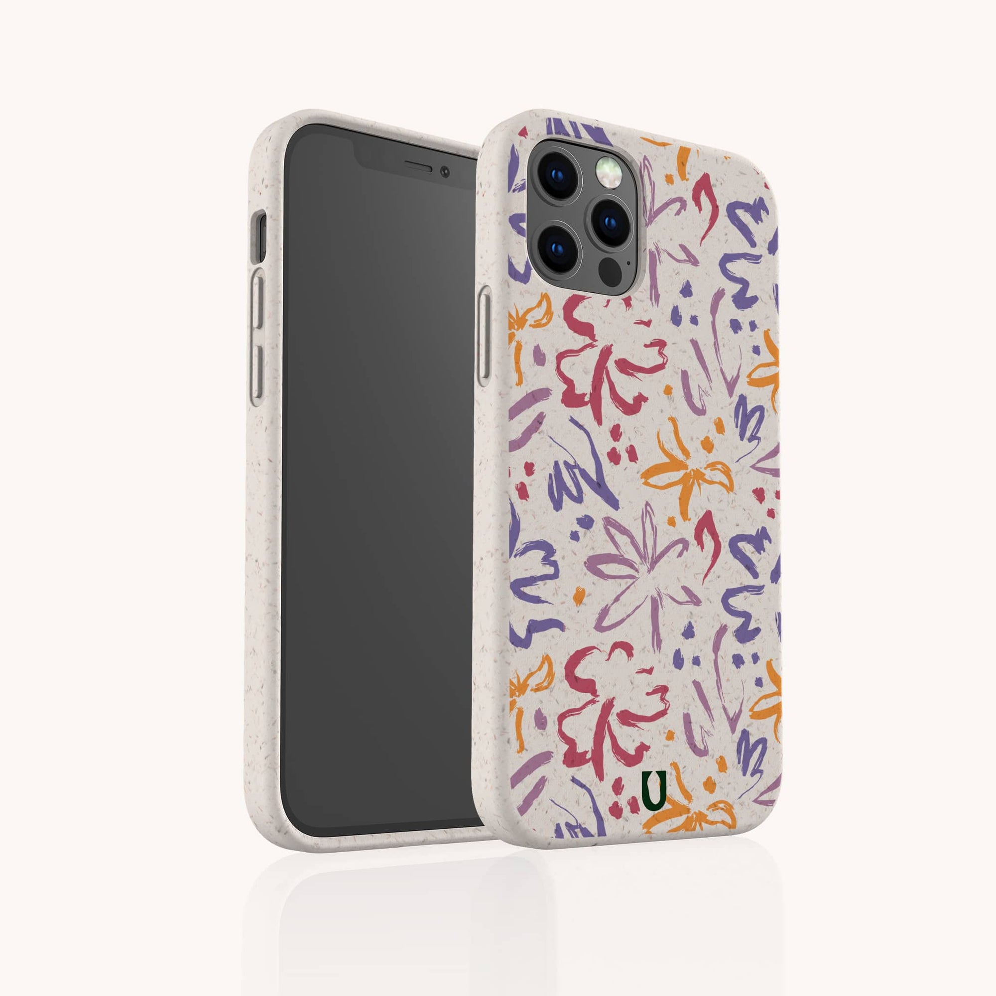 The Flower Strokes Eco-Friendly Phone Case features abstract floral brushstrokes in purple, orange, and pink on a beige speckled background with a green "u" logo. Compatible with iPhone and Samsung Galaxy.