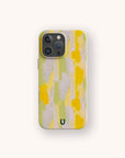 The Lime Sorbet Eco-Friendly Phone Case features an abstract pattern of vertical yellow, green, and purple brushstrokes on a light background, plus a small black horseshoe-shaped logo near the bottom of its biodegradable design.