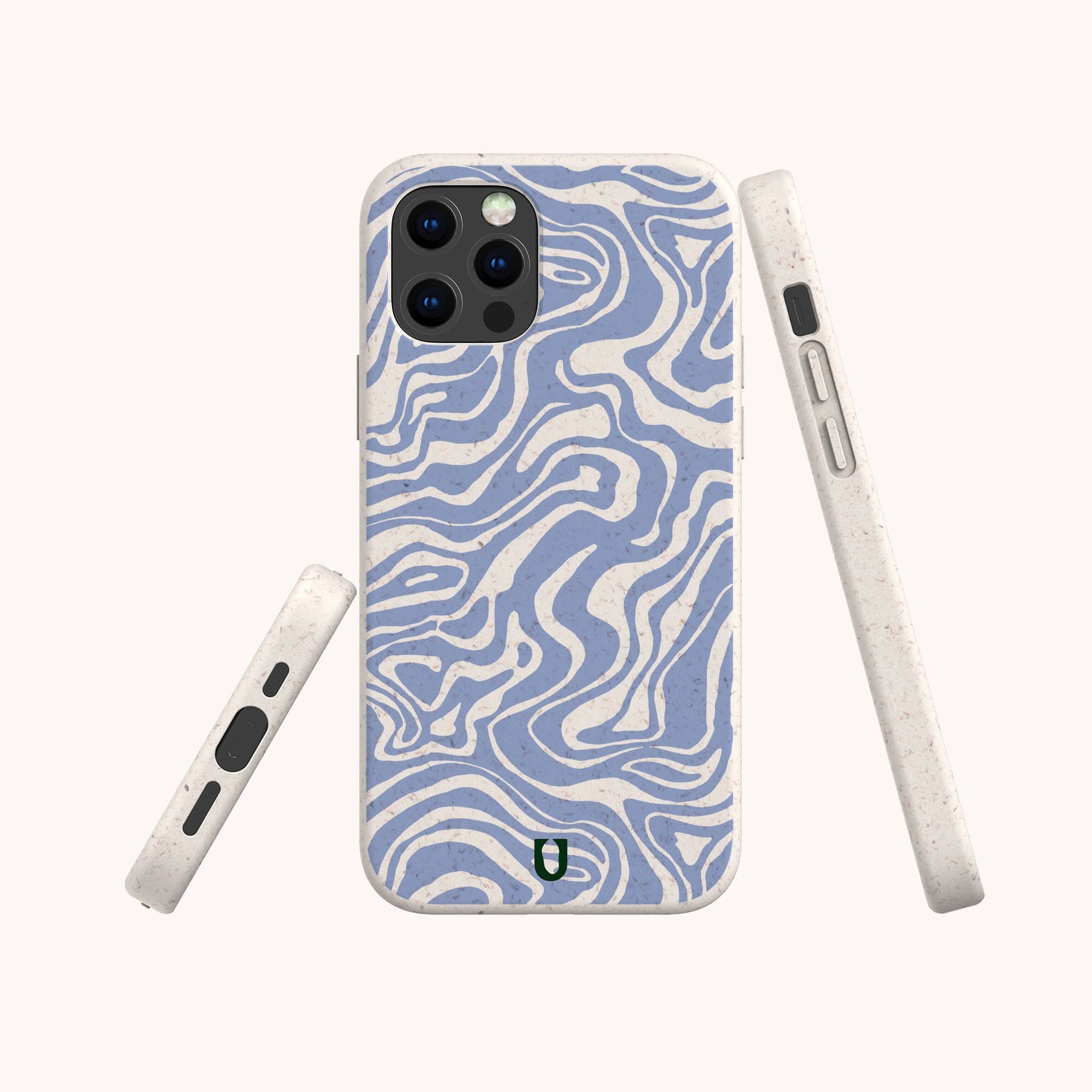 The Blue Marble Swirl Eco-Friendly Phone Case is shown from the back, side, and bottom, displaying its blue and white marbled design, precise cutouts, and a small green and black logo on the back.