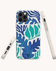 Sea Bed Eco-Friendly Phone Case featuring an abstract blue and green leaf and wave pattern, showcased from the back and sides on a plain white background, blending natural elegance with sustainability.