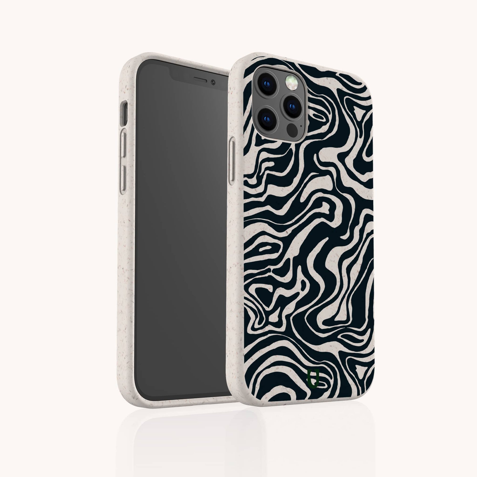 The Black Marble Swirl Eco-Friendly Phone Case features a compostable white case with a black and white abstract wavy design, resembling zebra stripes, offering stylish and sustainable protection for your smartphone.
