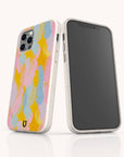 Two smartphones in speckled white cases, one showcasing the vibrant pastel feather design of the Bubble Gum Eco-Friendly Phone Case in pink, yellow, and blue. The other phone is turned to reveal its black screen. This eco-friendly case is perfect for your Samsung Galaxy or iPhone, combining bold style with sustainability.