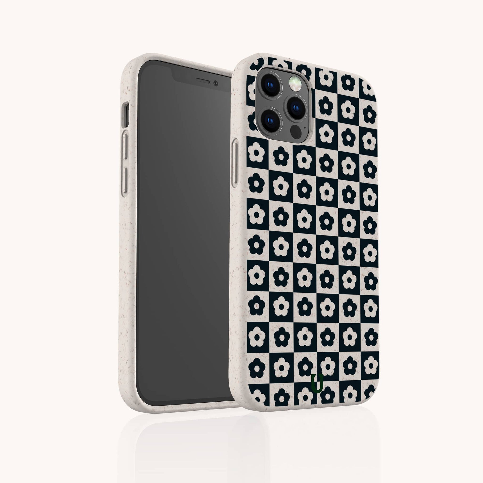 The Black Flower Checker Eco-Friendly Phone Case features a black and white checker design with small floral patterns, displayed from the front and back against a plain light background.