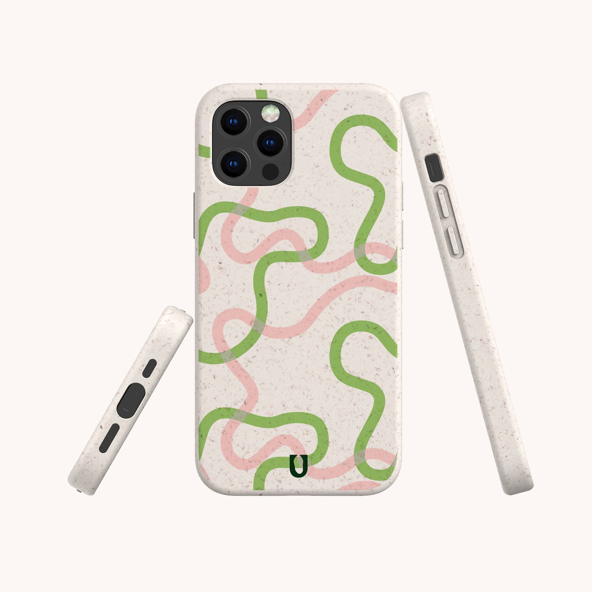 The Green and Pink Swirl Lines Eco-Friendly Phone Case features wavy green and pink lines on a speckled white background, is compatible with iPhone and Samsung Galaxy, and displays camera and button cutouts on the back and sides.