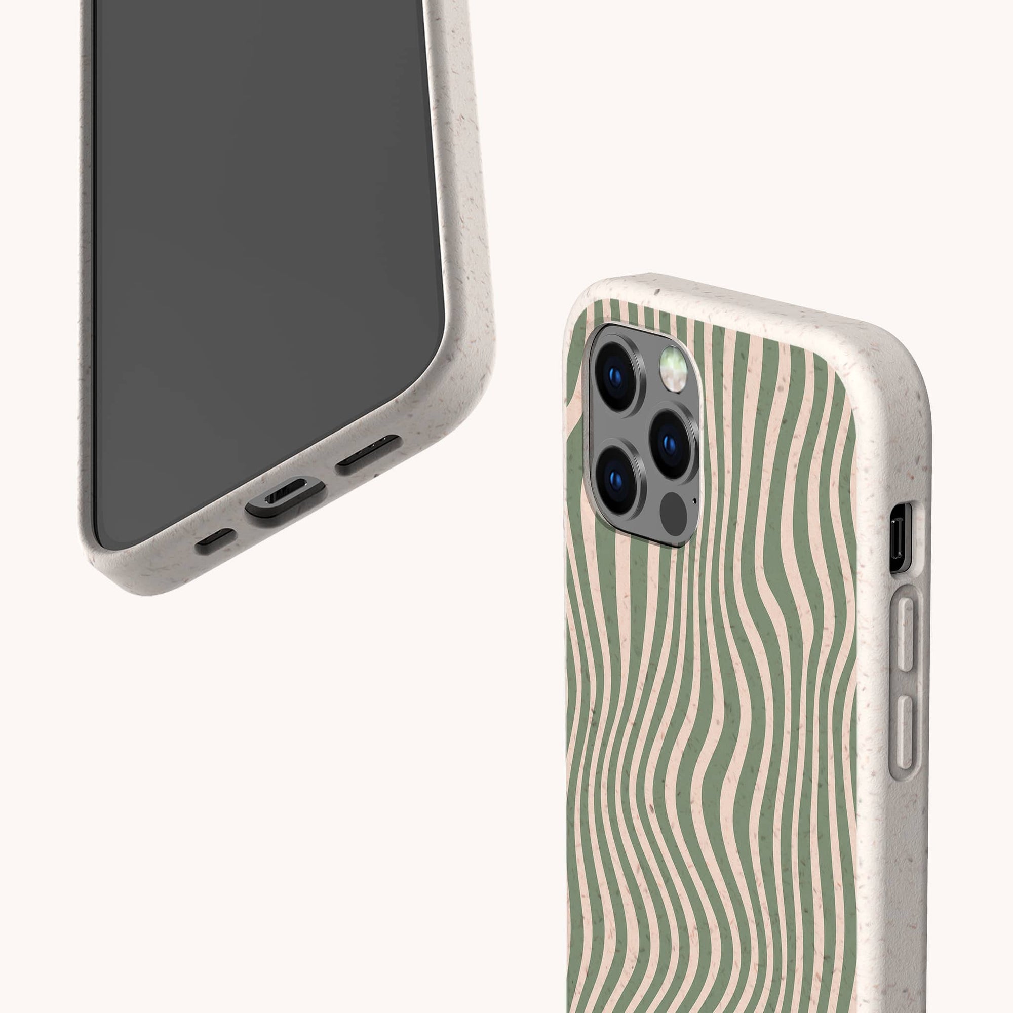 Two smartphones in beige, eco-friendly Green Distorted Lines Phone Cases—one reveals the screen and charging port, the other displays a wavy green and beige pattern. Both cases feature sustainable materials and a natural, speckled texture.