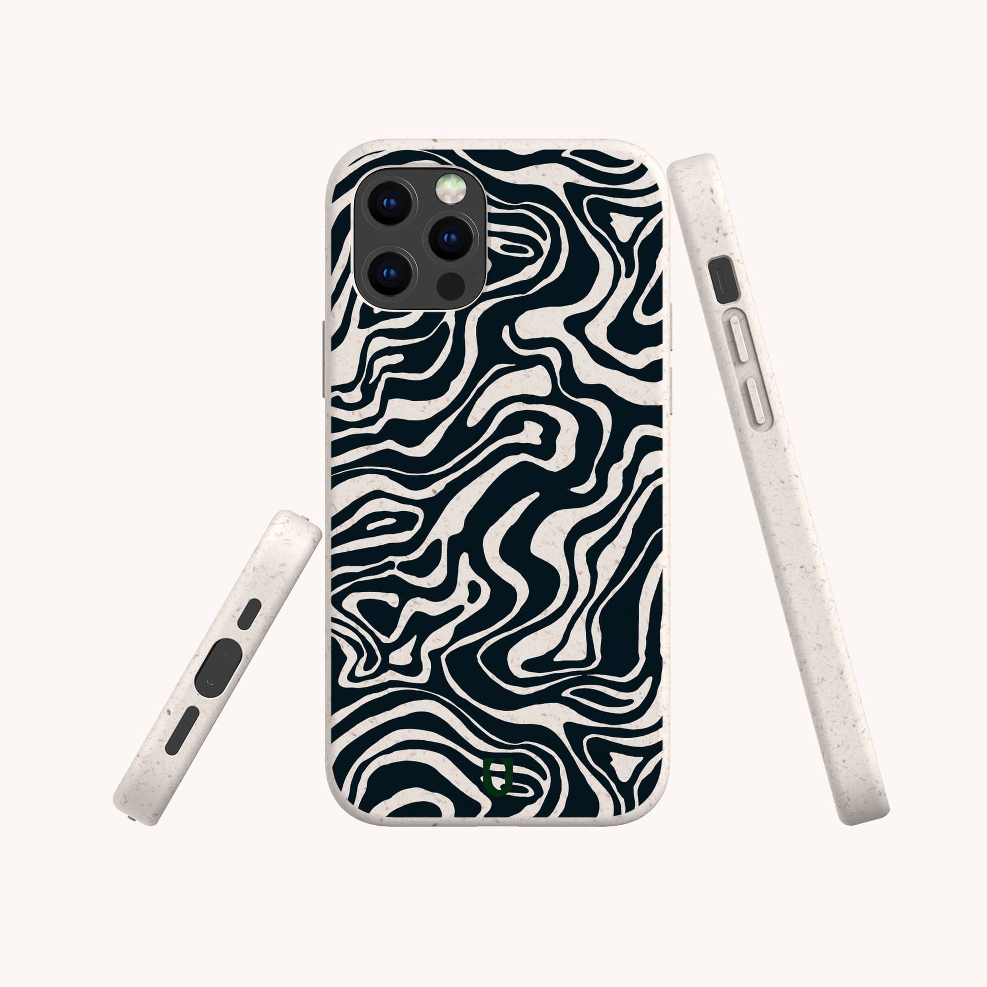 Three views of the Black Marble Swirl Eco-Friendly Phone Case—compostable with an abstract wavy black marble pattern—are shown from the back, side, and bottom against a plain off-white background.