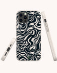 Three views of the Black Marble Swirl Eco-Friendly Phone Case—compostable with an abstract wavy black marble pattern—are shown from the back, side, and bottom against a plain off-white background.
