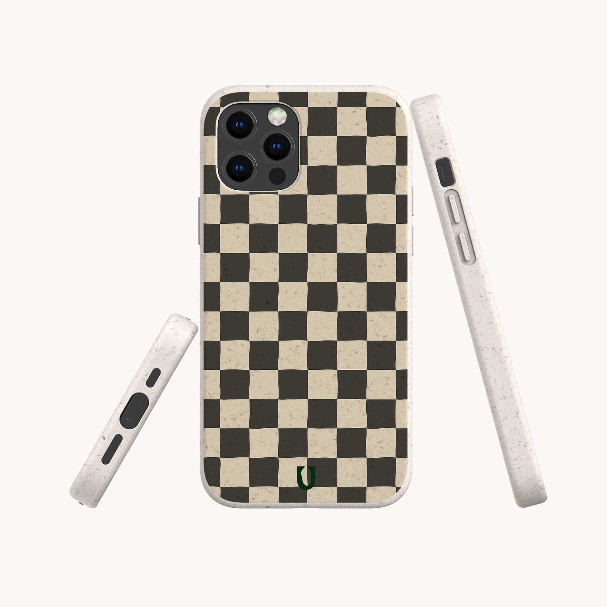 Three views of the Black Checker Eco-Friendly Phone Case, featuring a black and beige checkered pattern, rounded edges, side button cutouts, and a green logo—highlighting its timeless design against a light background.
