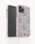 Two views of the Pink and Blue Coquette Flowers Eco-Friendly Biodegradable Phone Case in a light-colored finish, featuring a charming floral pattern with pink flowers and blue ribbons. This sustainable phone case covers the sides and back, while keeping the camera and ports easily accessible for everyday convenience.