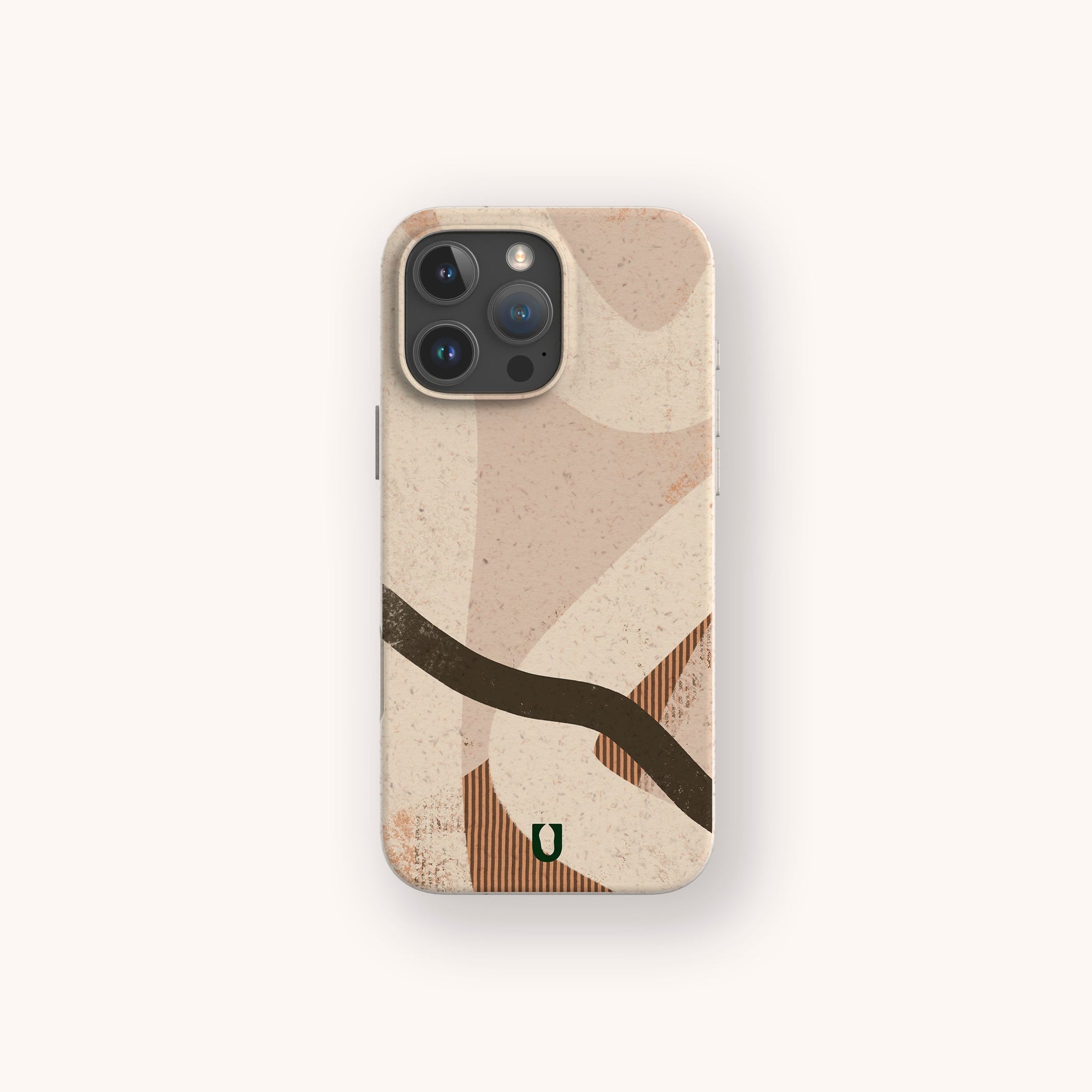 The Beige Abstract Eco-Friendly Phone Case features beige with abstract brown and tan shapes, a small green and black logo at the bottom center, is made from biodegradable materials, and fits iPhone and Samsung Galaxy models.