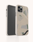 The Green Abstract Lines Eco-Friendly Phone Case, featuring a beige base with abstract green and gray patterns, is displayed on a smartphone shown both front and back against a plain white background.
