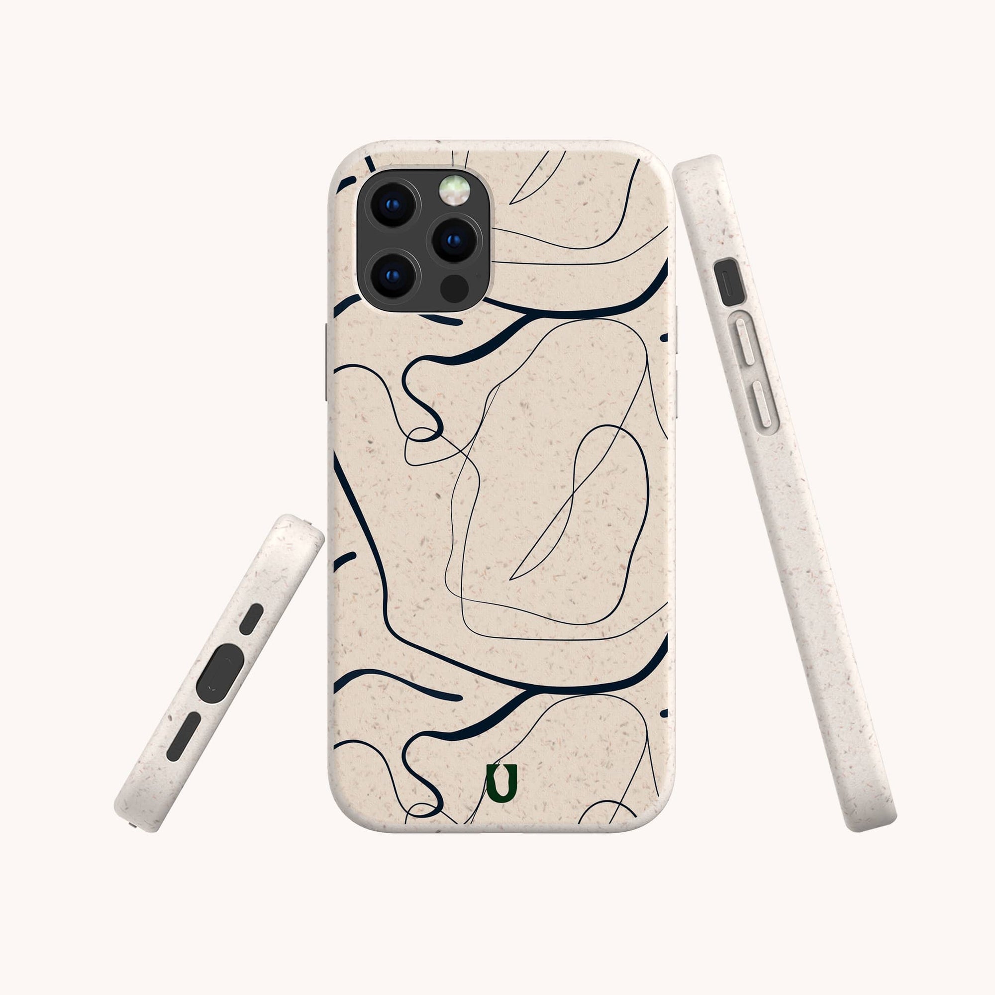 The Abstract Swirling Lines Eco-Friendly Phone Case, with beige tones and subtle speckles, is shown from the back, side, and at an angle—compatible with iPhone and Samsung Galaxy—against a plain background.