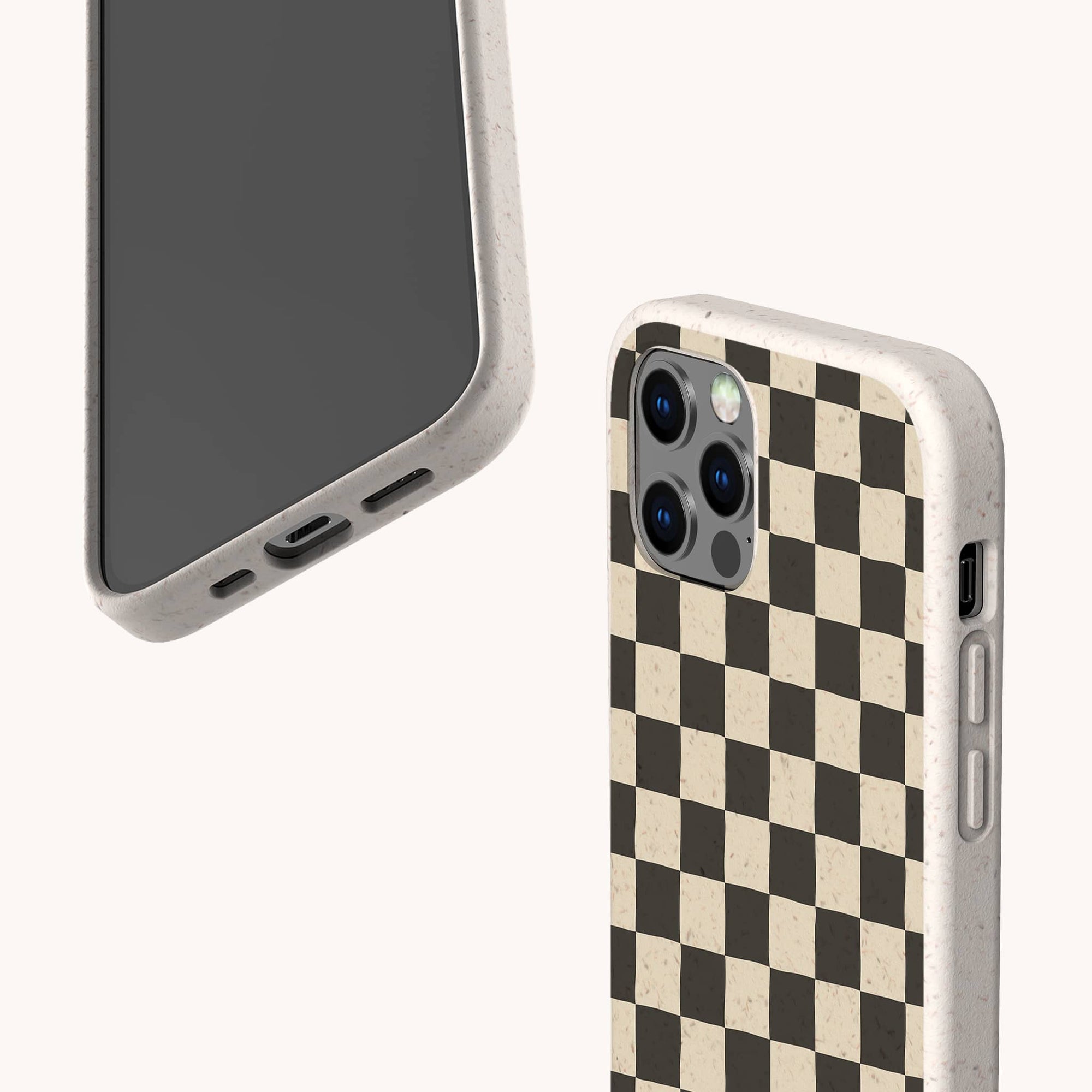 The Black Checker Eco-Friendly Phone Case features a black and beige checkerboard pattern, showcased from angled front and back views against a light background—a stylish and sustainable accessory for your smartphone.