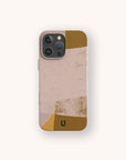 The Caramel Abstract Strokes Eco-Friendly Phone Case features geometric shapes and textured patterns in beige, gold, and yellow tones on a light background for a stylish, sustainable look.