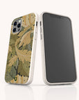 Two smartphones with Flower Garden Eco-Friendly Phone Cases in beige, showcasing a green and yellow leafy pattern; one displays the back design, the other the blank front. Made from compostable materials and fits iPhone and Samsung Galaxy.