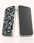 Two smartphones featuring the Black Marble Swirl Eco-Friendly Phone Case are displayed in upright positions against a white background. One phone reveals the back, showcasing the abstract black and white marble swirl design and camera, while the other presents the blank front screen.
