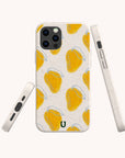 Mangoes Eco-Friendly Biodegradable Phone Case featuring a repeating yellow mango pattern, displayed from the front, back, and side angles against a light background.