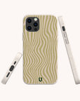 Three views of the Sage Distorted Lines Eco-Friendly Phone Case—featuring beige and green wavy stripes—are displayed on a smartphone from the back, side, and bottom angles against a plain light background.