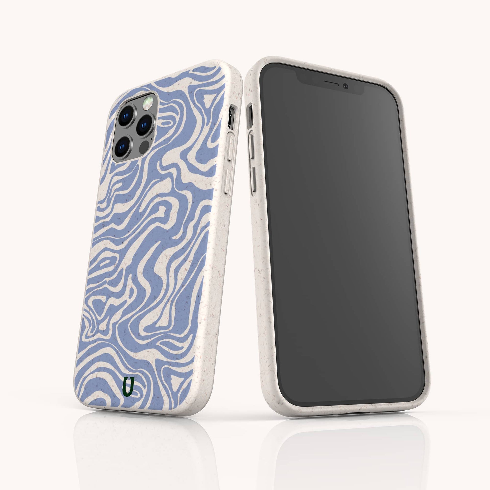 Two smartphones with eco-friendly cases; one has the Blue Marble Swirl Eco-Friendly Phone Case, white speckled with a blue and white marbled design and a green "U" logo. The other has a blank black screen.