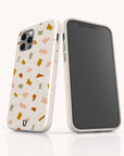 Two smartphones in white are shown with Mini Confetti Eco-Friendly Phone Cases, made from compostable materials. The terrazzo pattern features abstract green, orange, pink, and brown shapes. Compatible with iPhone and Samsung Galaxy models.