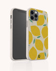 Lemons Eco-Friendly Phone Case with a cheerful, compostable design features vibrant green leaves and lemon patterns on a light background, displayed from both front and back angles to showcase its sustainable style.