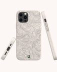 Three views of the Terrain Lines Eco-Friendly Phone Case, featuring a light topographic pattern. This compostable case is made from plant-based materials and includes precise cutouts for buttons, ports, and cameras. Shown from back, side, and bottom.
