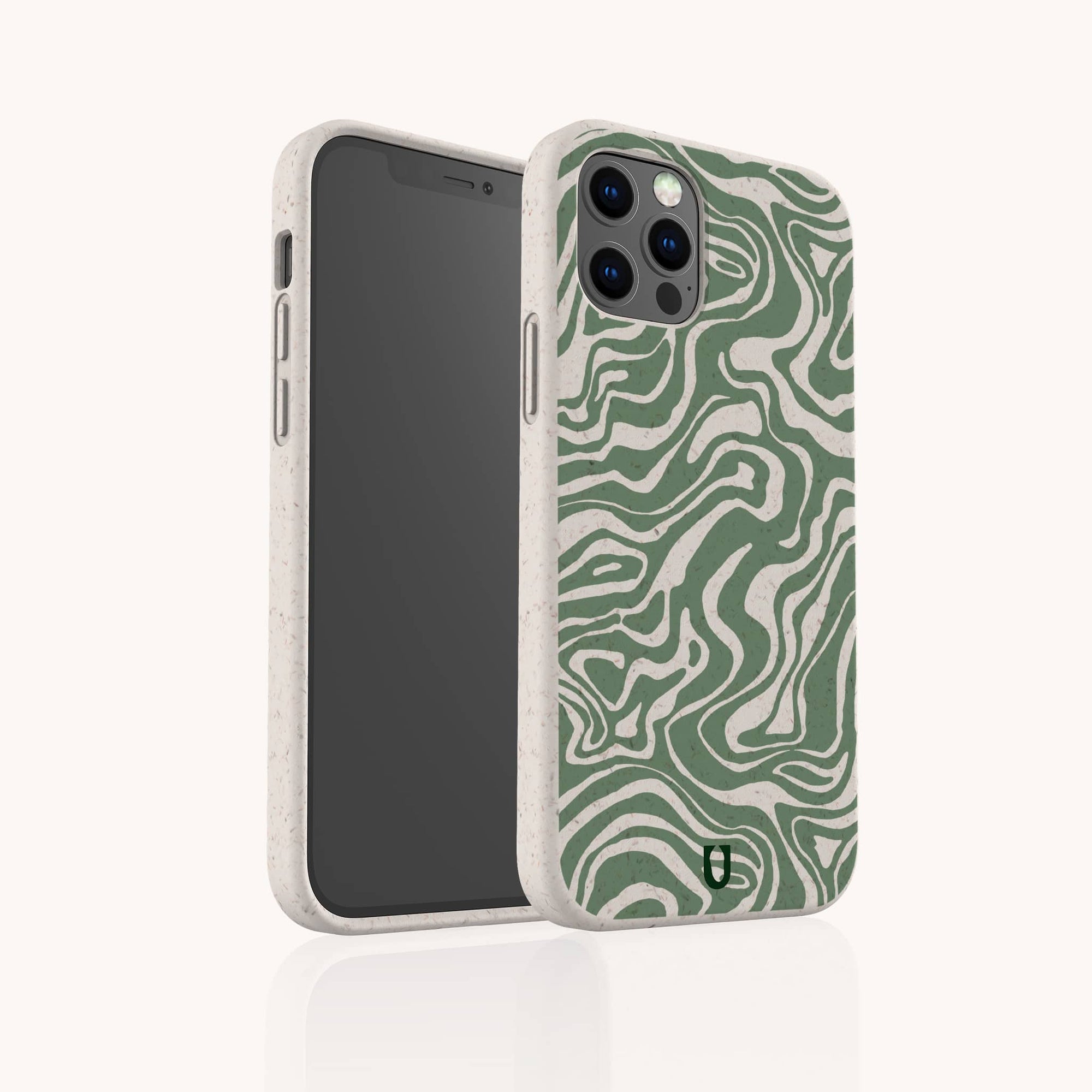 A smartphone is shown from the front and back in a beige Green Marble Swirl Eco-Friendly Phone Case featuring green and white wavy abstract patterns.