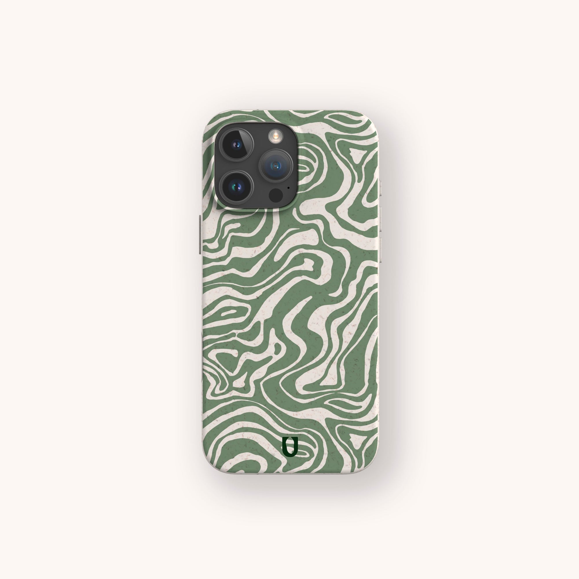 The Green Marble Swirl Eco-Friendly Phone Case, compatible with iPhone and Samsung Galaxy, features a green and white abstract marble pattern and a small black logo near the bottom, shown on a light background.