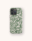 The Green Marble Swirl Eco-Friendly Phone Case, compatible with iPhone and Samsung Galaxy, features a green and white abstract marble pattern and a small black logo near the bottom, shown on a light background.