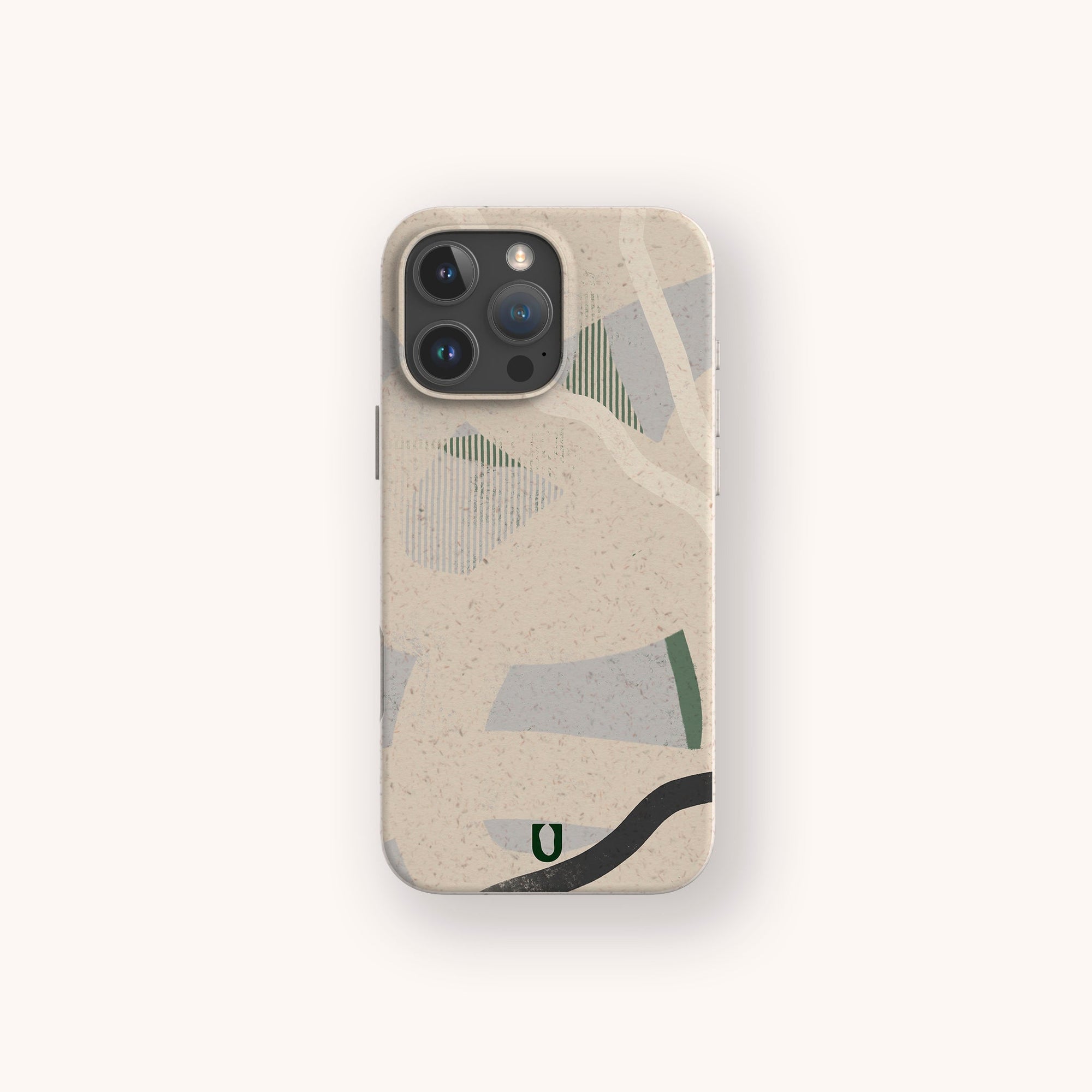 A smartphone with the Green Abstract Lines Eco-Friendly Phone Case in beige, showcasing abstract green, gray, and black curves on a light background. The phone is centered on an off-white backdrop.