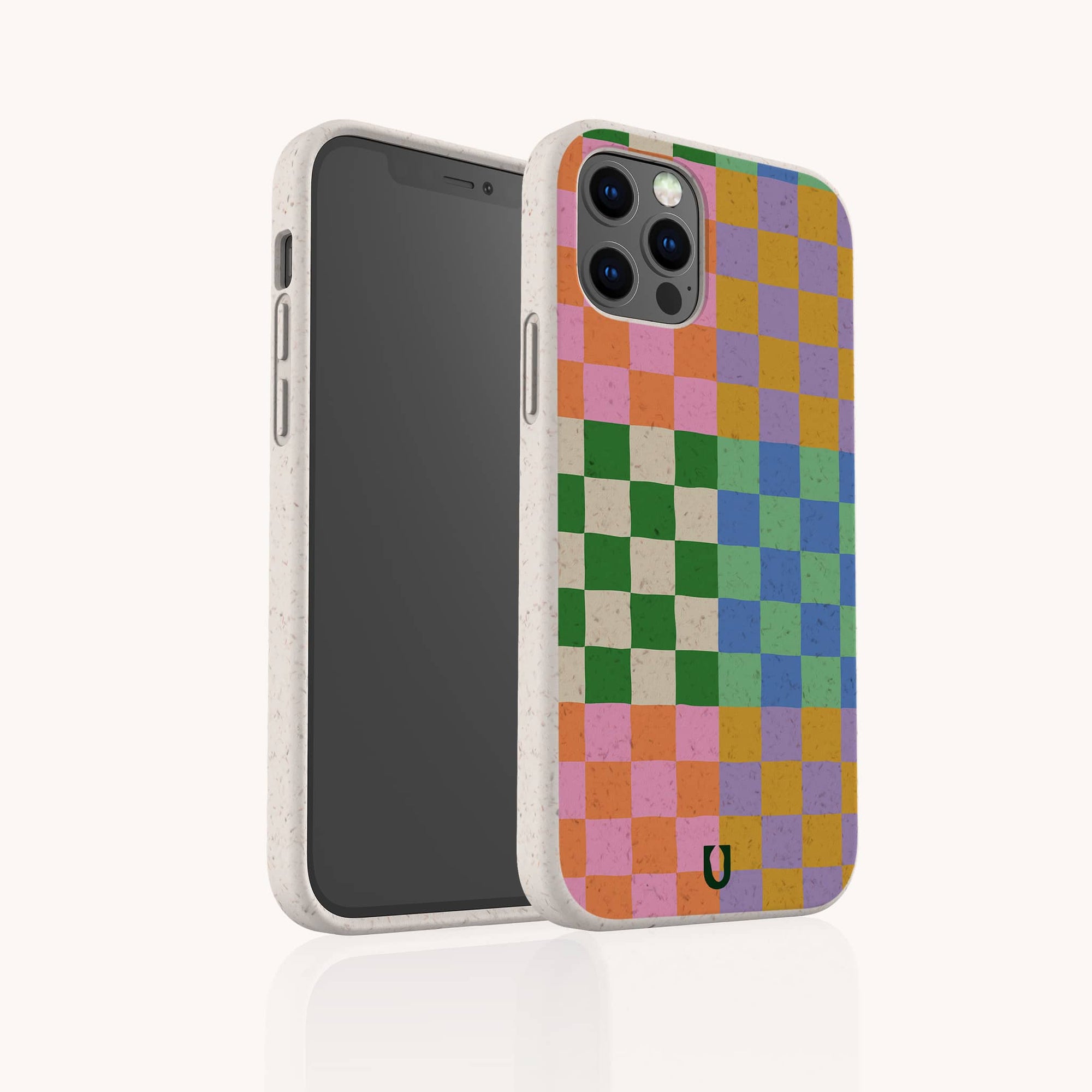 The Colour Checker Eco-Friendly Phone Case for iPhone is white with a colorful checkerboard pattern in pink, orange, yellow, green, blue, and purple speckles. Both front and back angles are displayed.