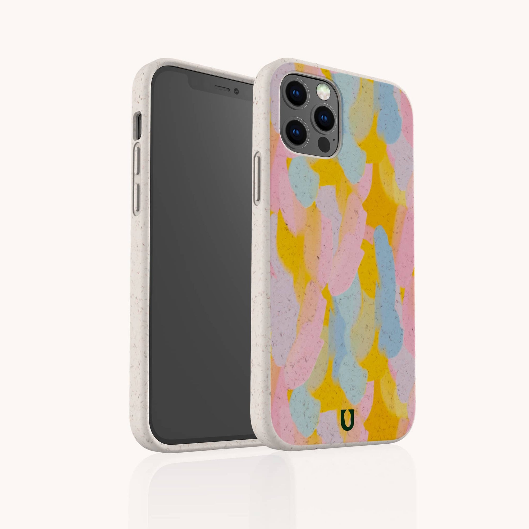 The Bubble Gum Eco-Friendly Phone Case features colorful abstract brushstrokes in pink, yellow, blue, and light green with a light speckled border, designed for perfect compatibility with your smartphone.