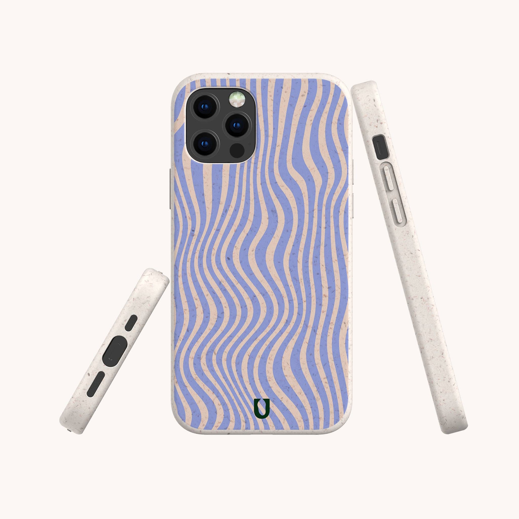 The Blue Distort Lines Eco-Friendly Phone Case, featuring blue wavy stripes and made from biodegradable materials, is displayed from multiple angles against a light background, highlighting its unique design and eco-conscious details.