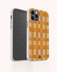 Introducing the Green and Orange Watercolour Checker Eco-Friendly Phone Case: a beige, sustainable phone case adorned with an orange and yellow watercolour checkerboard pattern. Compatible with both iPhone and Samsung Galaxy models, this stylish case is displayed from the front and back against a plain white background.