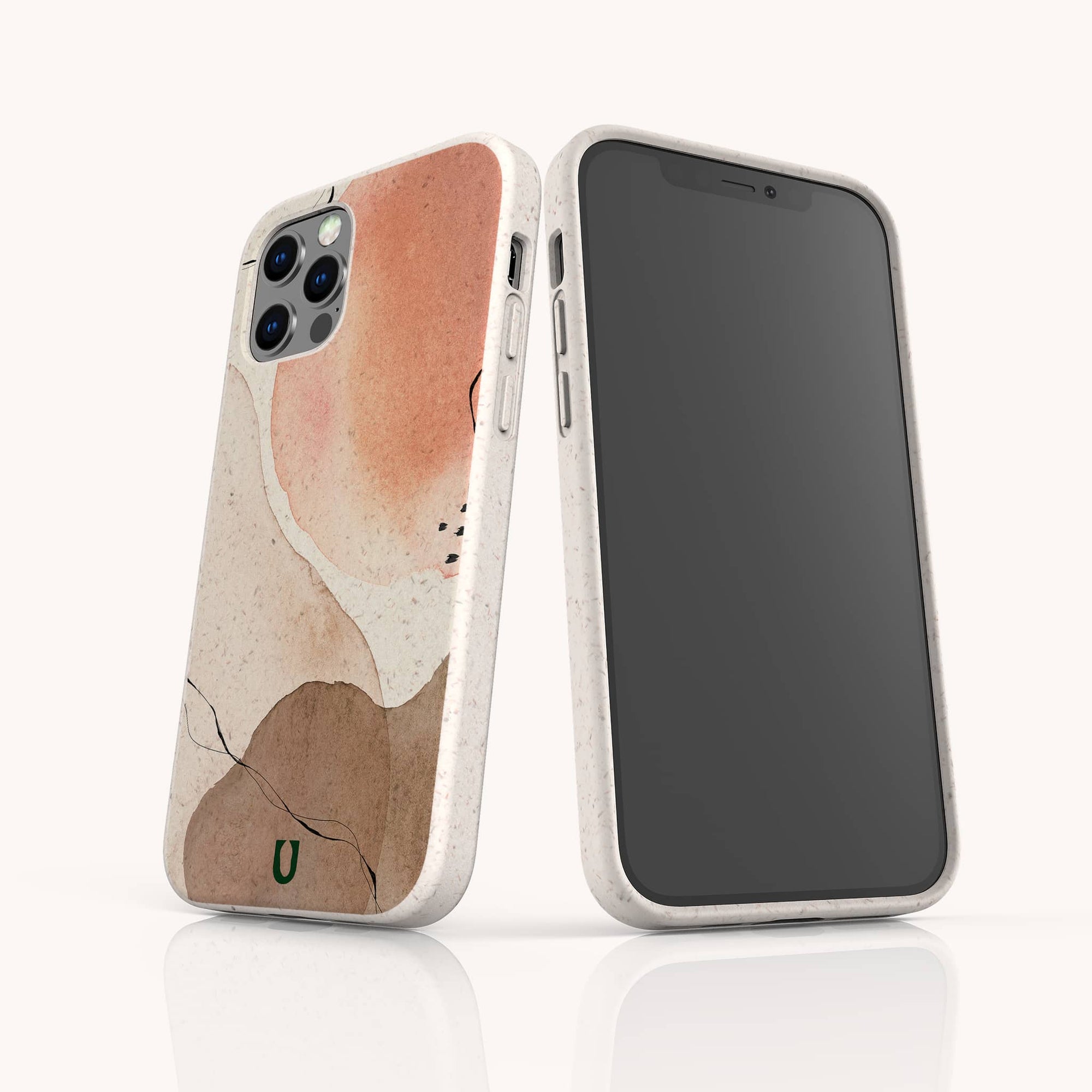 Two smartphones in Pink and Brown Watercolour Eco-Friendly Phone Cases. One phone displays the screen, while the other showcases the sustainable, compostable design with abstract earthy patterns in pink, beige, and brown tones.
