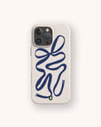 The Blue Bow Ribbon Eco-Friendly Phone Case features a speckled beige design with an abstract wavy blue line, resembling a loose bow. It's compatible with iPhone and Samsung Galaxy, leaving camera lenses exposed at the top left.