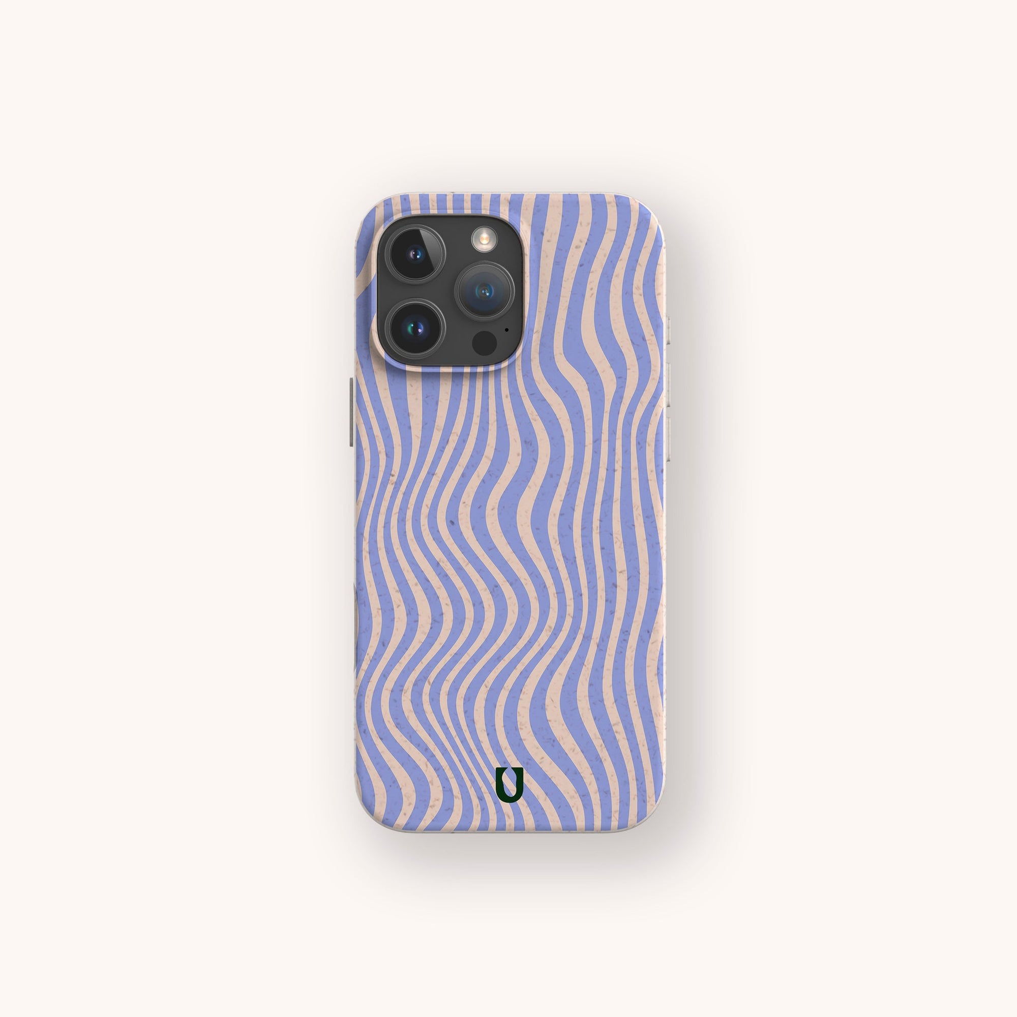 The Blue Distort Lines Eco-Friendly Phone Case, compatible with iPhone and Samsung Galaxy, features wavy vertical blue and beige stripes in an optical illusion pattern on a light beige background.
