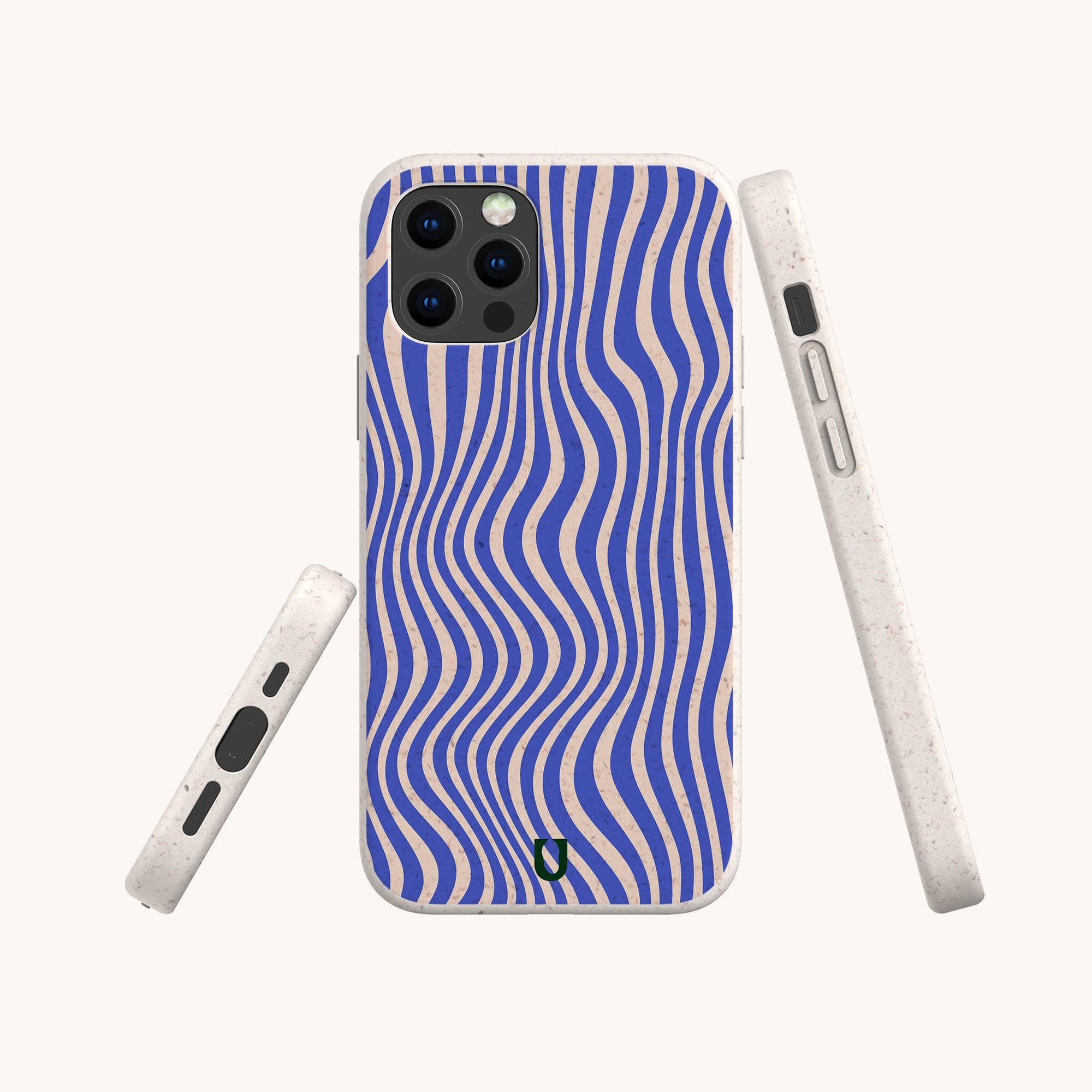 The Cobalt Distort Lines Eco-Friendly Phone Case features blue and cream wavy stripes, displayed from the back, side, and angle against a light background.