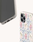 Two smartphones with pale beige Pink Ribbons Eco-Friendly Biodegradable Phone Cases: one features pink and purple flowers with green ribbons, while the other showcases a speckled, eco-friendly biodegradable texture.