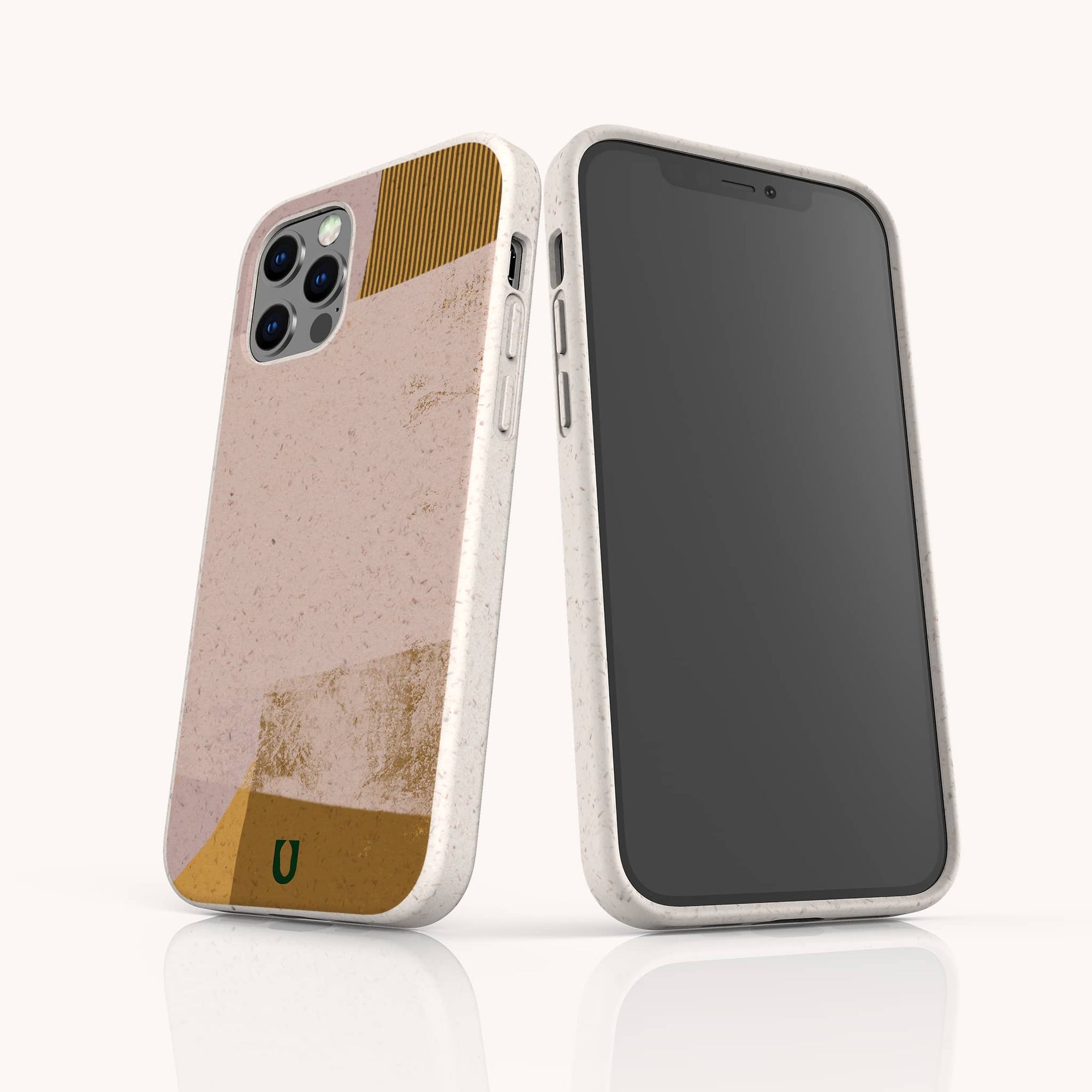 Two phones in Caramel Abstract Strokes Eco-Friendly Phone Cases, featuring soft pink, gold, and beige tones. One shows the screen; the other displays the patterned back with a small green logo, offering sustainable protection.